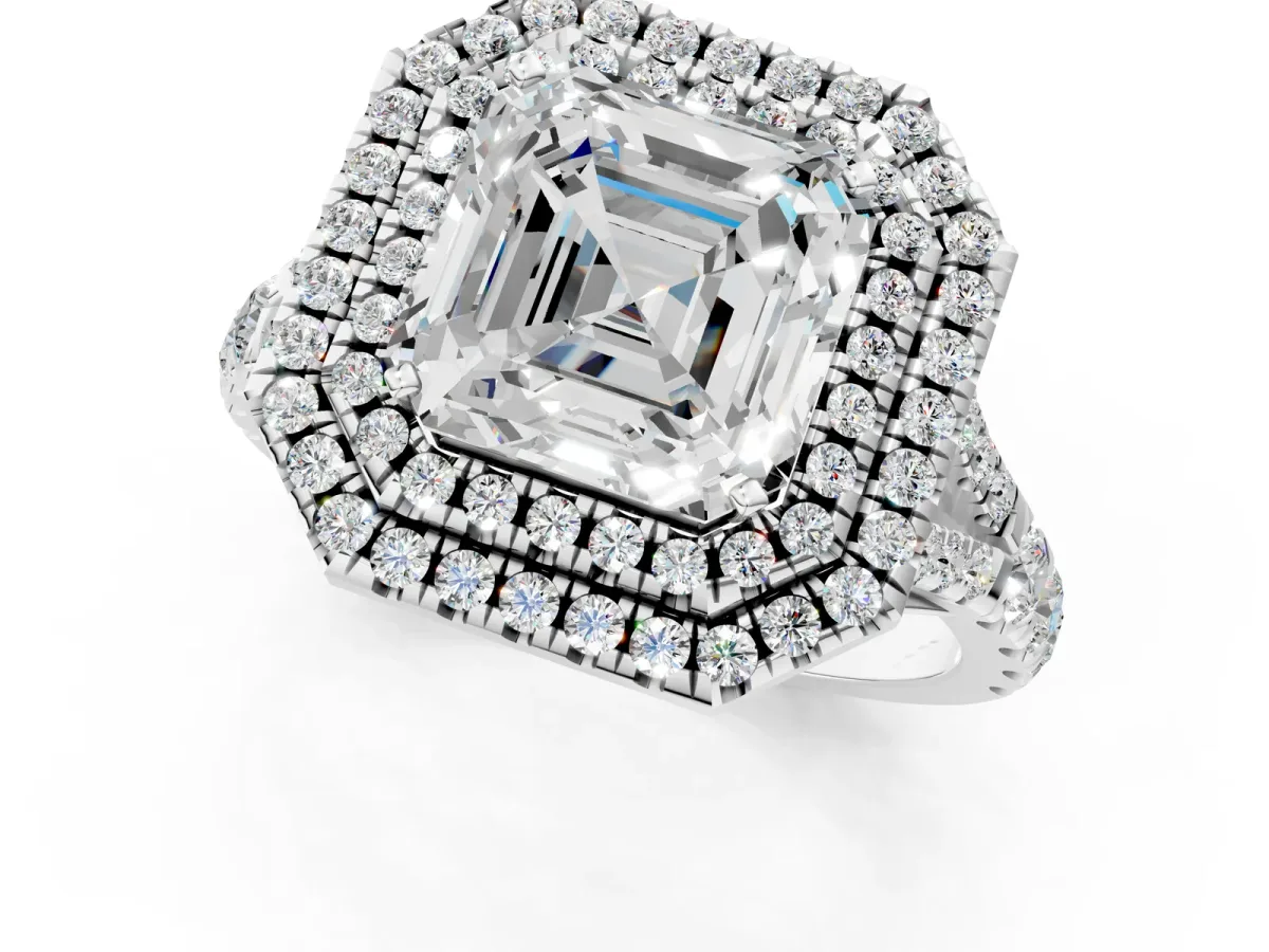 Asscher Cut Diamond Pavé Split Shank Double Halo Engagement Ring Platinum