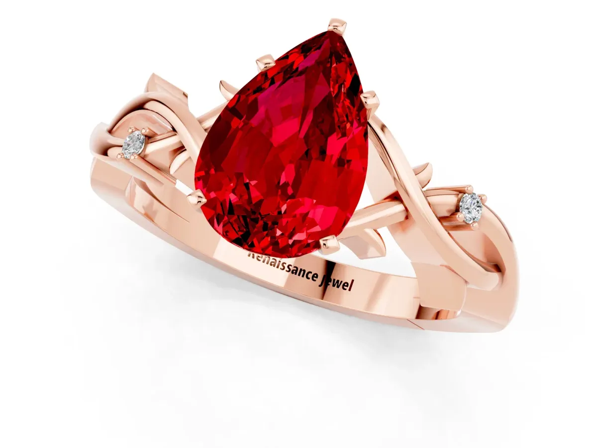 Pear Cut Ruby Solitaire Ring with Twisted Band and Prong Setting Rose gold