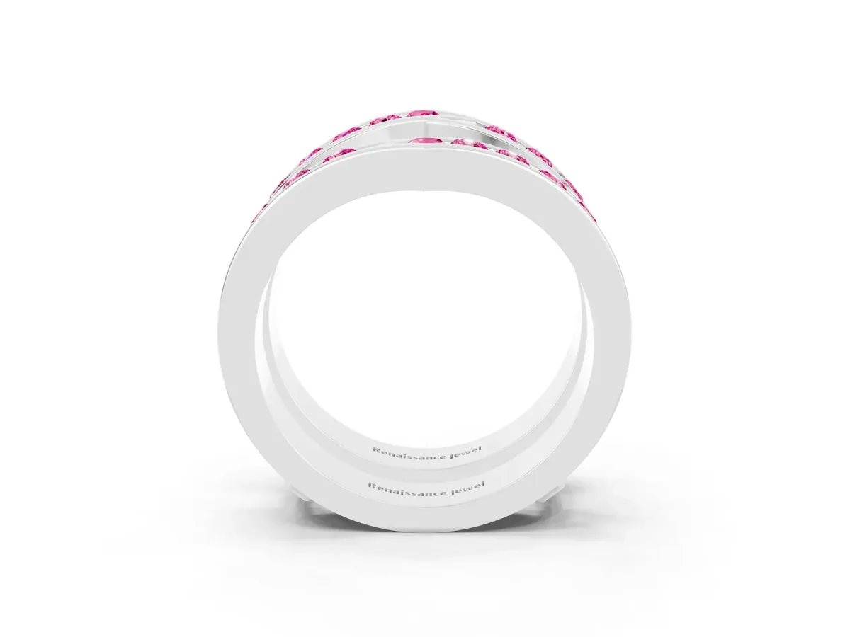 Round Pink Sapphire Channel-Set Chevron Band Silver