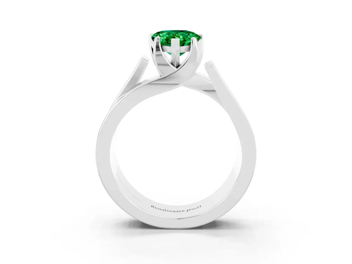 Modern Tension Set Pear Cut Emerald Solitaire Wide Band Ring White gold