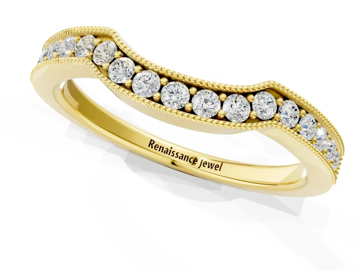Curved Round Diamond Band with Milgrain Pavé Setting Yellow gold