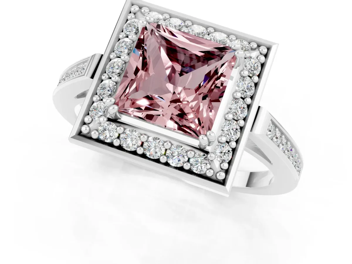 Princess Cut Morganite Halo Ring with Split Shank and Four-Prong Setting Platinum