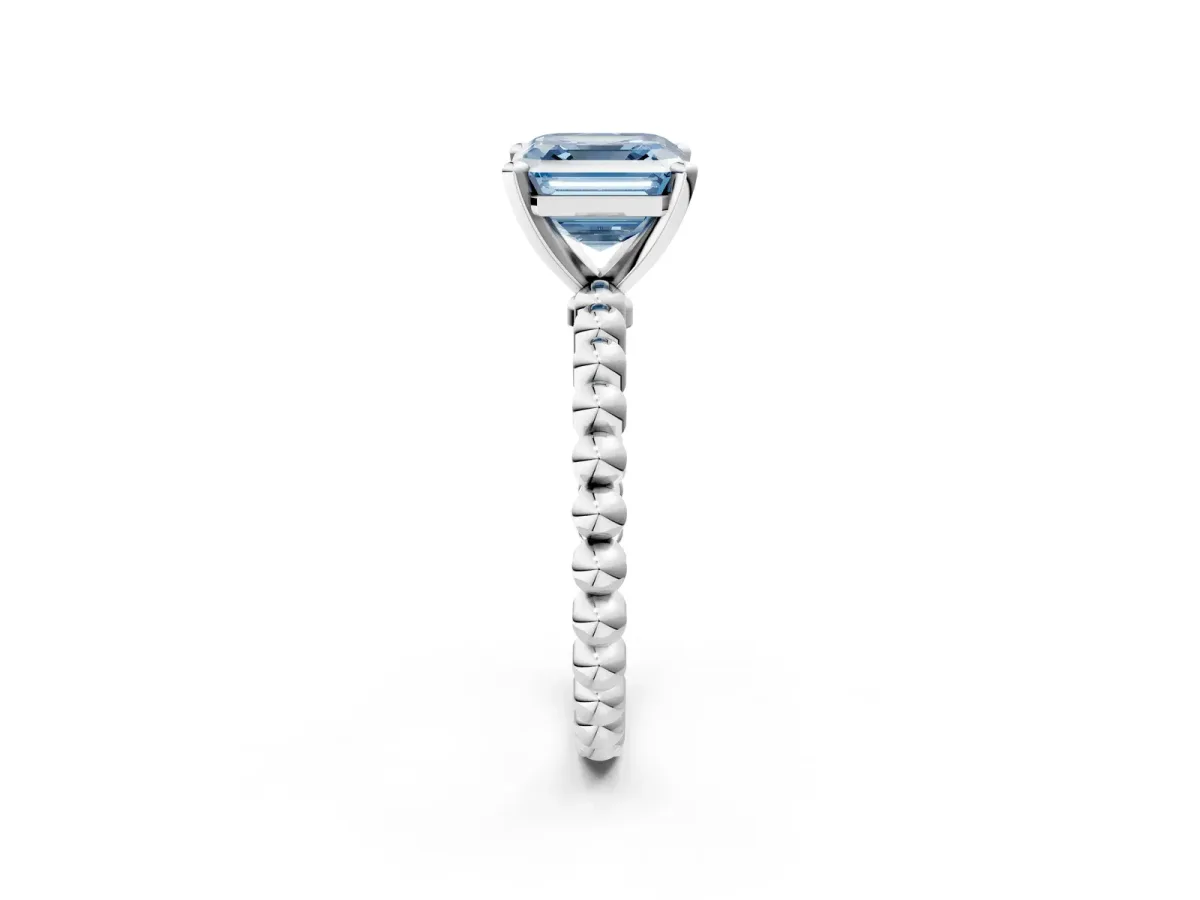 Fancy Blue Asscher Cut Diamond Solitaire Ring with Beaded Band and Prong Setting Silver