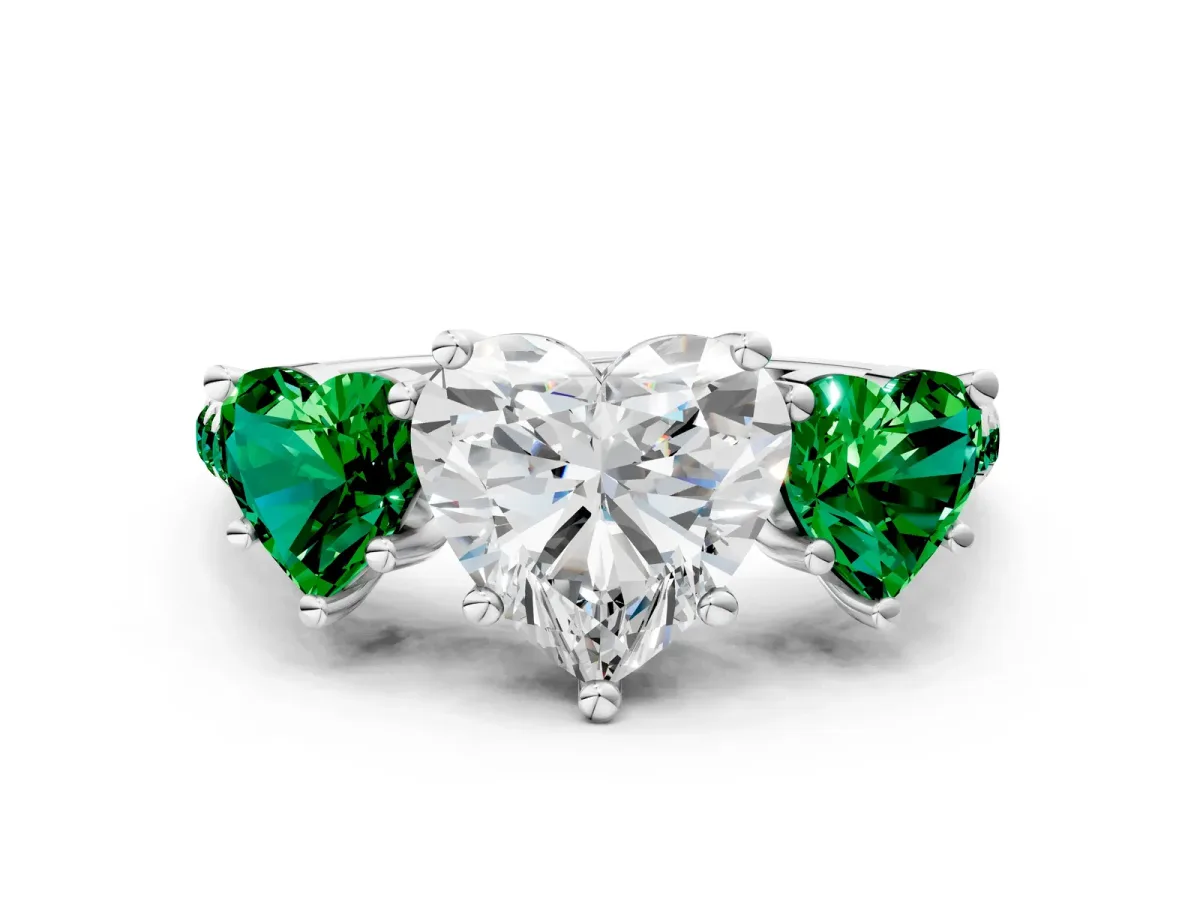 Three-Stone Heart Cut Diamond Ring with Round Emerald Pavé Band and Prong Setting Platinum