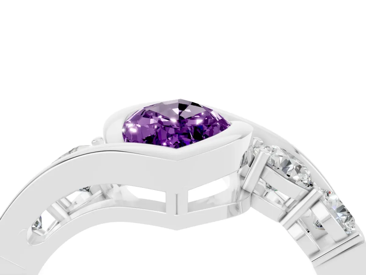 Bezel Set Marquise Cut Amethyst Bypass Ring with Round Accents Silver