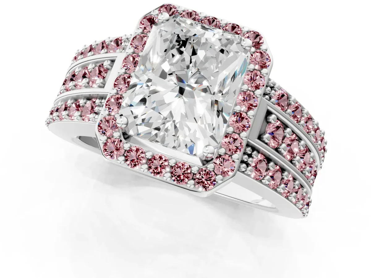 Radiant Cut Halo Diamond Ring with Round Morganite Split Shank and Prong Setting Platinum
