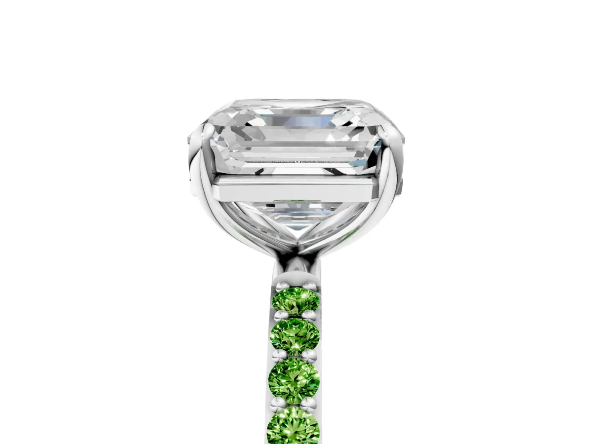 Asscher Cut Diamond Solitaire Ring with Round Peridot Pavé Band and Prong Setting Silver