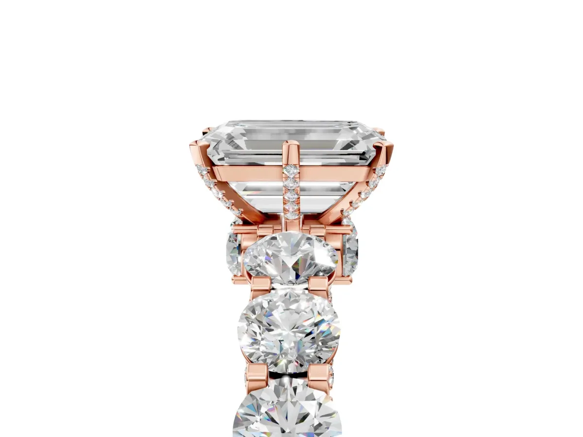 Emerald Cut Diamond Side Stone Engagement Ring with Four-Prong Setting Rose gold