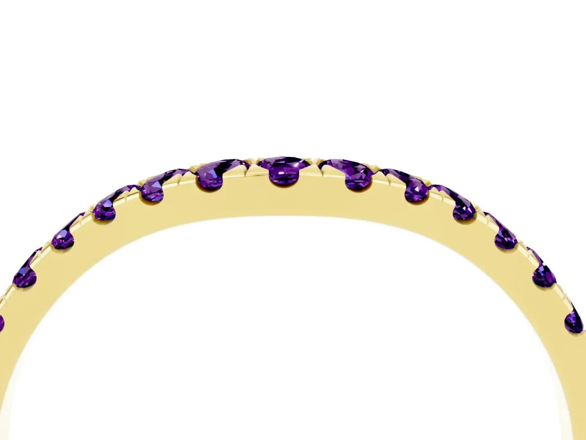 Curved Pavé Round Amethyst Wedding Band with Shared Prong Setting Yellow gold