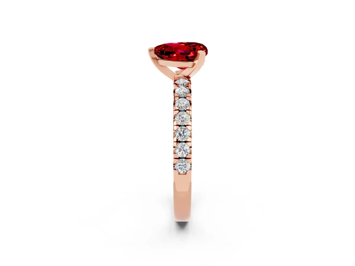 Heart Cut Ruby Solitaire Pavé Engagement Ring with Round Band and Prong Setting Rose gold