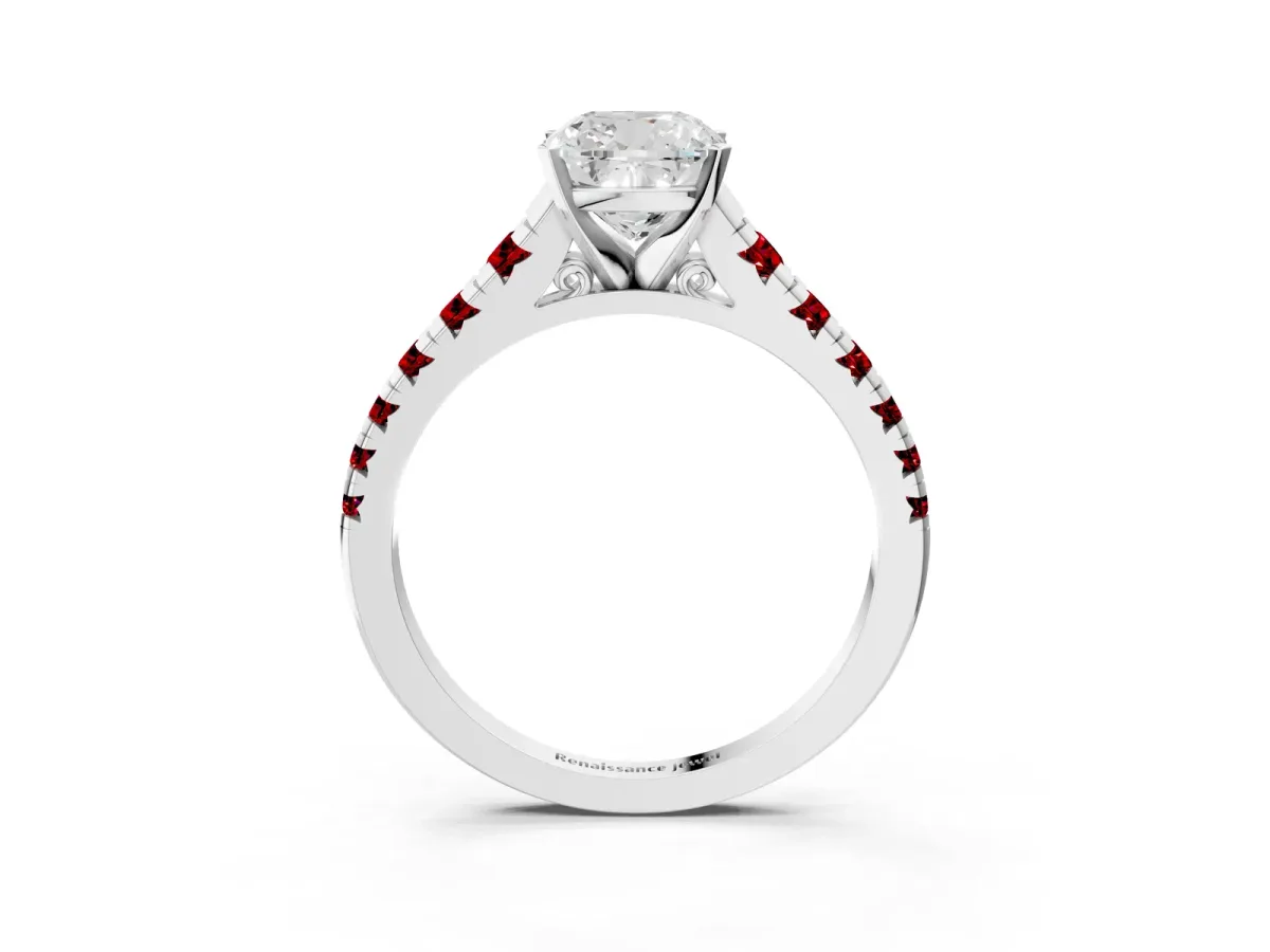 Cushion Cut Diamond Cathedral Solitaire Ring with Round Ruby Pavé Band White gold