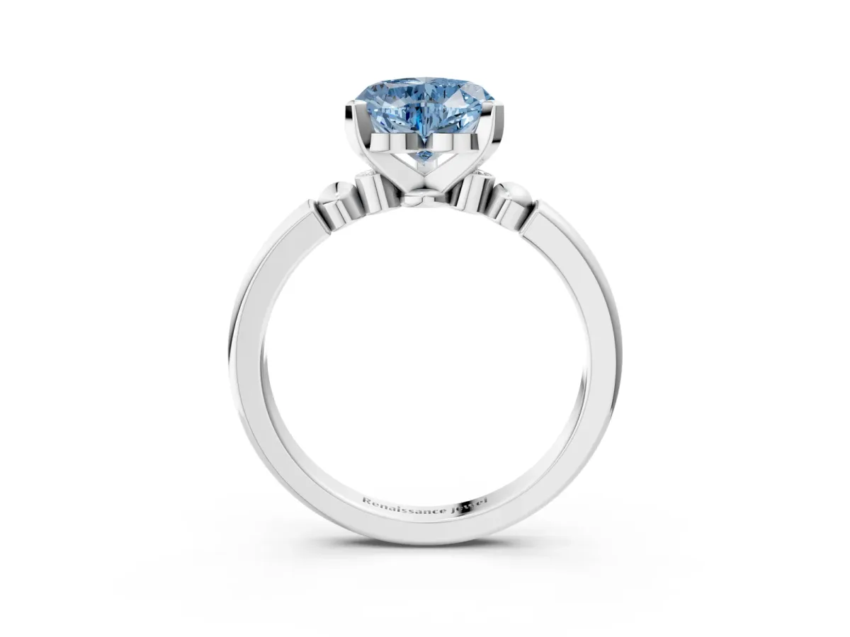 Fancy Blue Heart Cut Solitaire Beaded Band with Four-Prong Setting Platinum