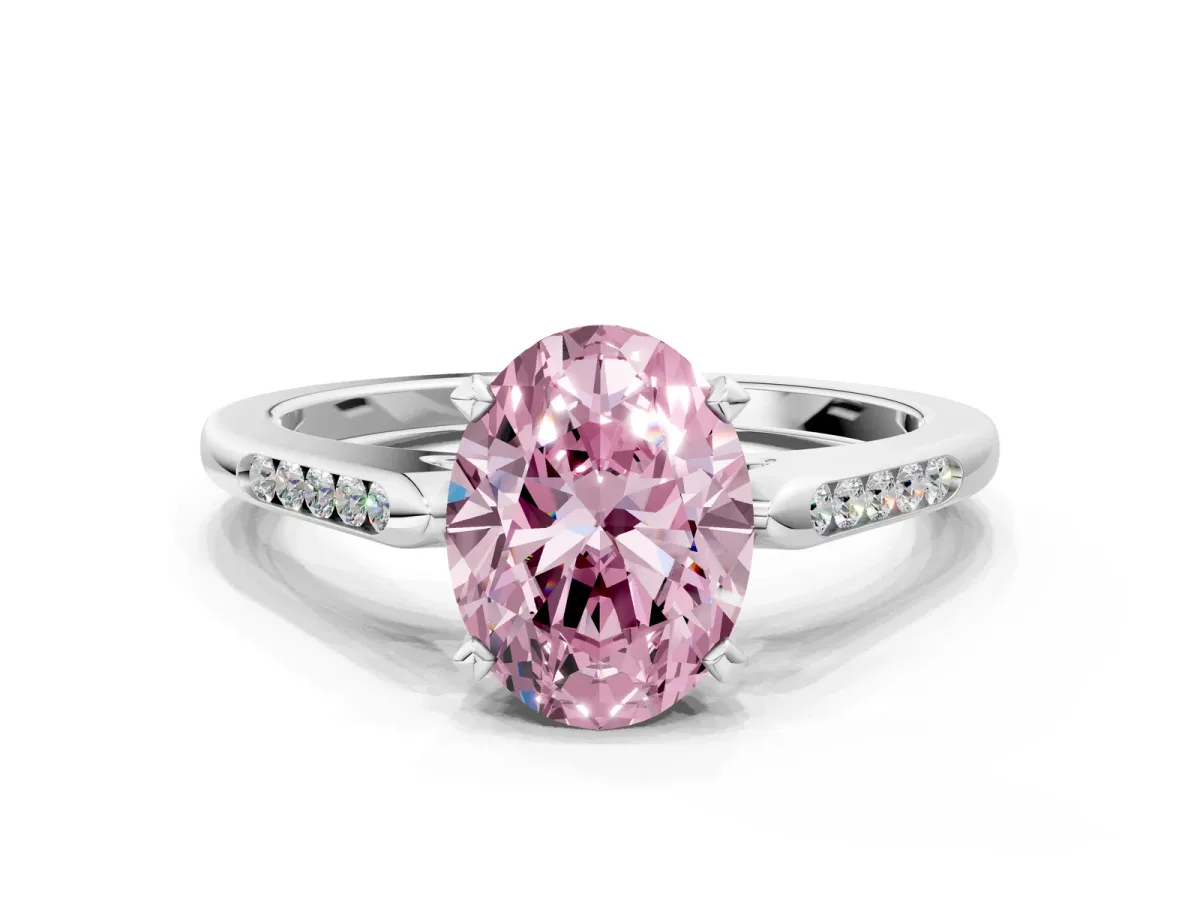 Fancy Pink Oval Cut Diamond Solitaire Ring with Channel Set Round Band and Prong Setting Silver
