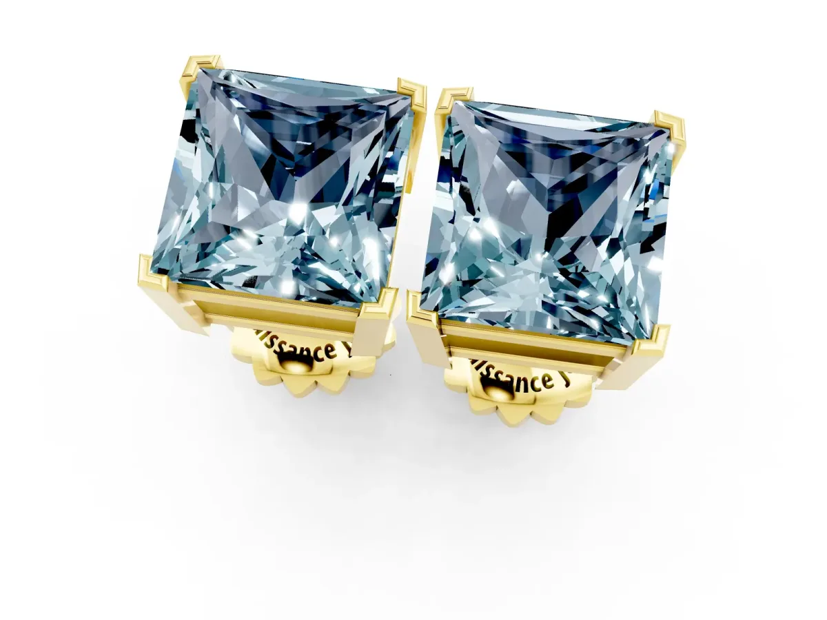 Princess Cut Aquamarine Stud Earrings Yellow gold