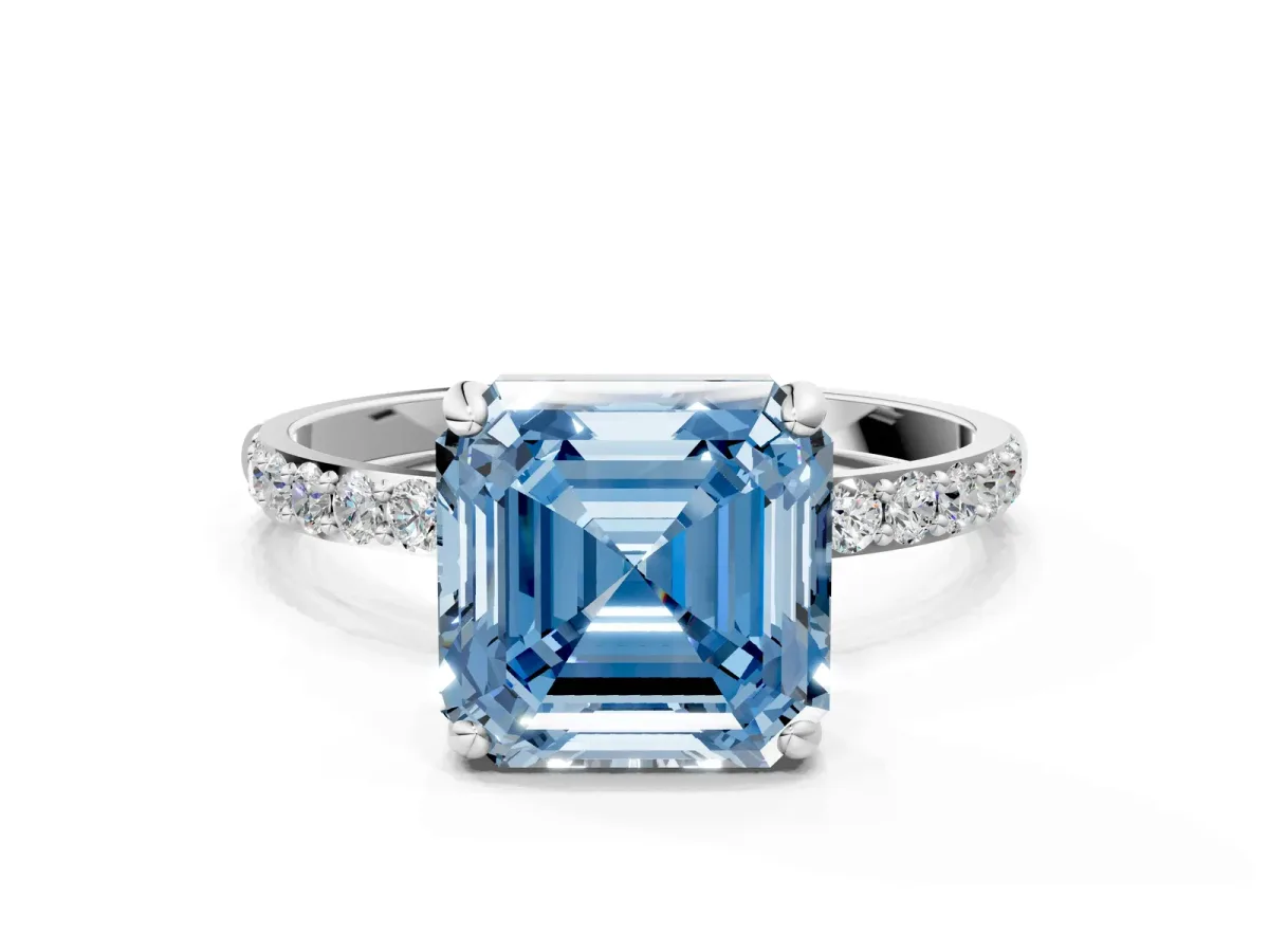 Fancy Blue Asscher Cut Diamond Solitaire Ring with Round Pavé Band and Prong Setting Platinum