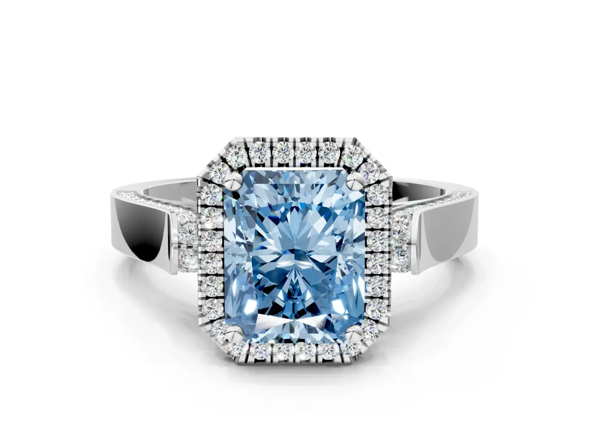 Fancy Blue Radiant Cut Halo Pave Split Shank Prong Setting Ring Platinum