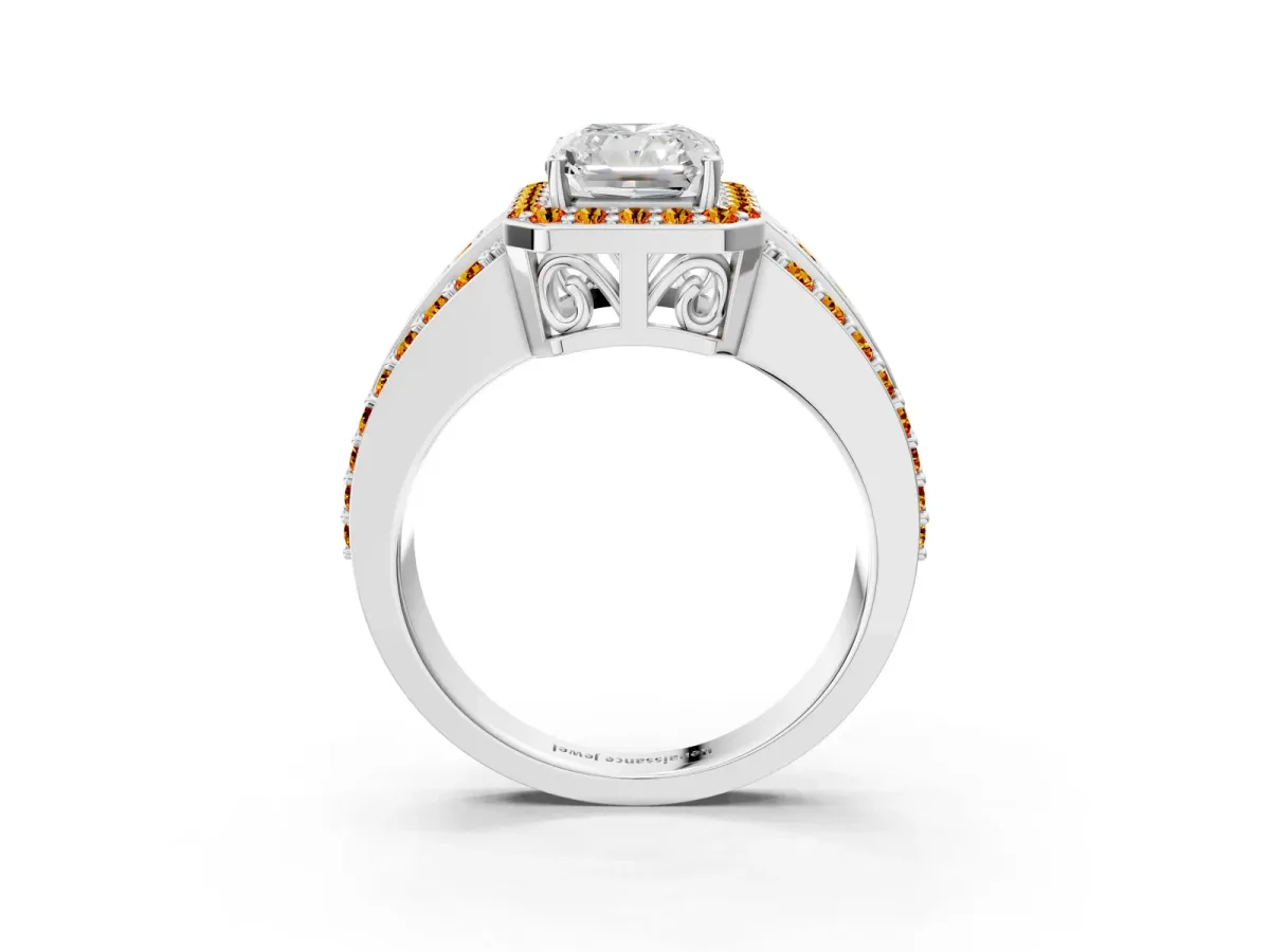 Radiant Cut Halo Diamond Ring with Round Citrine Split Shank and Prong Setting Silver