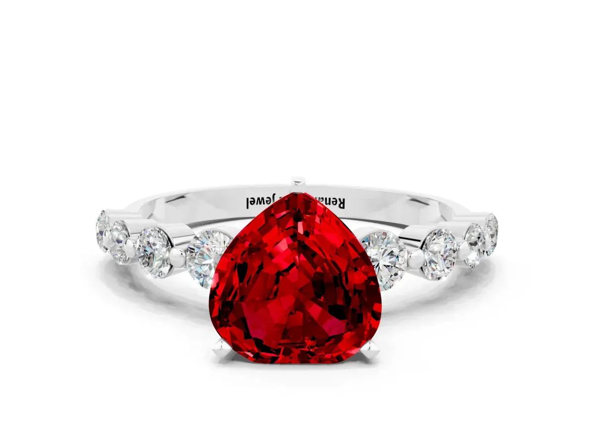 Heart Cut Solitaire Ruby Ring with Pave Band and Four-Prong Setting Silver
