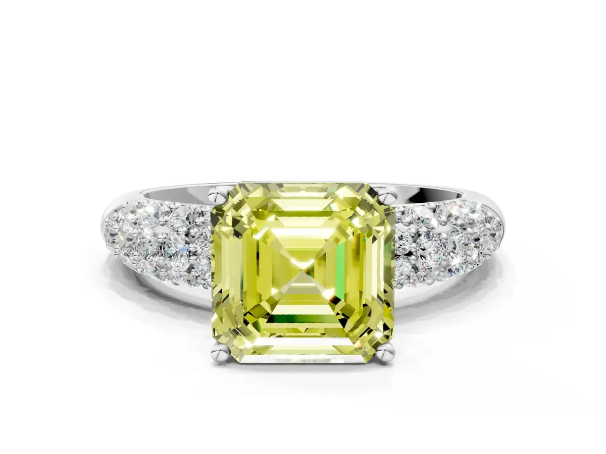Fancy Yellow Asscher Cut Diamond Pavé Band Solitaire Ring with Four-Prong Setting Platinum
