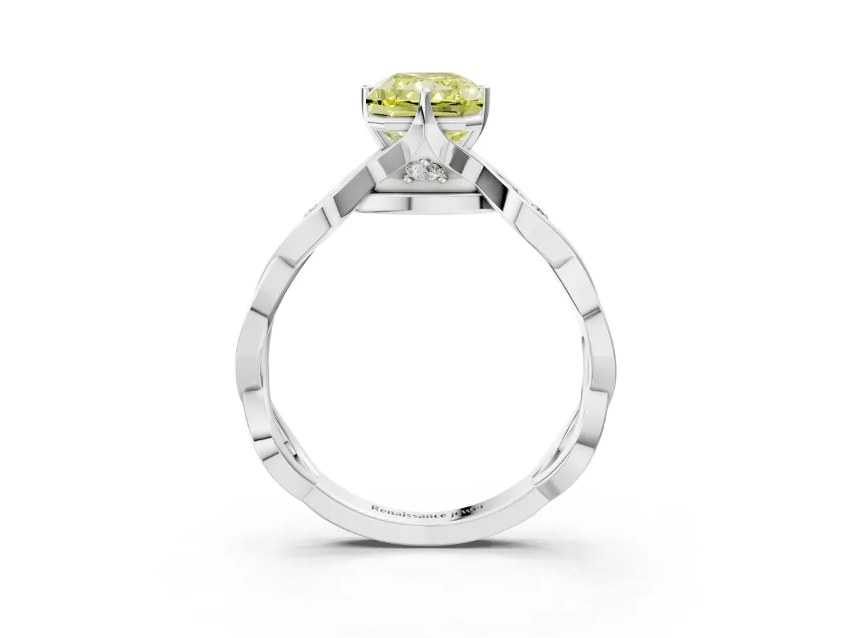 Fancy Yellow Radiant Cut Solitaire Twist Band with Leaf Prong Setting Platinum