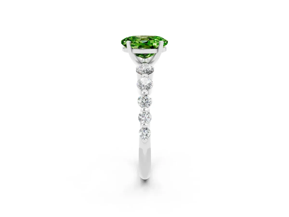 Oval Cut Solitaire Peridot Ring with Pave Band and Four-Prong Setting White gold