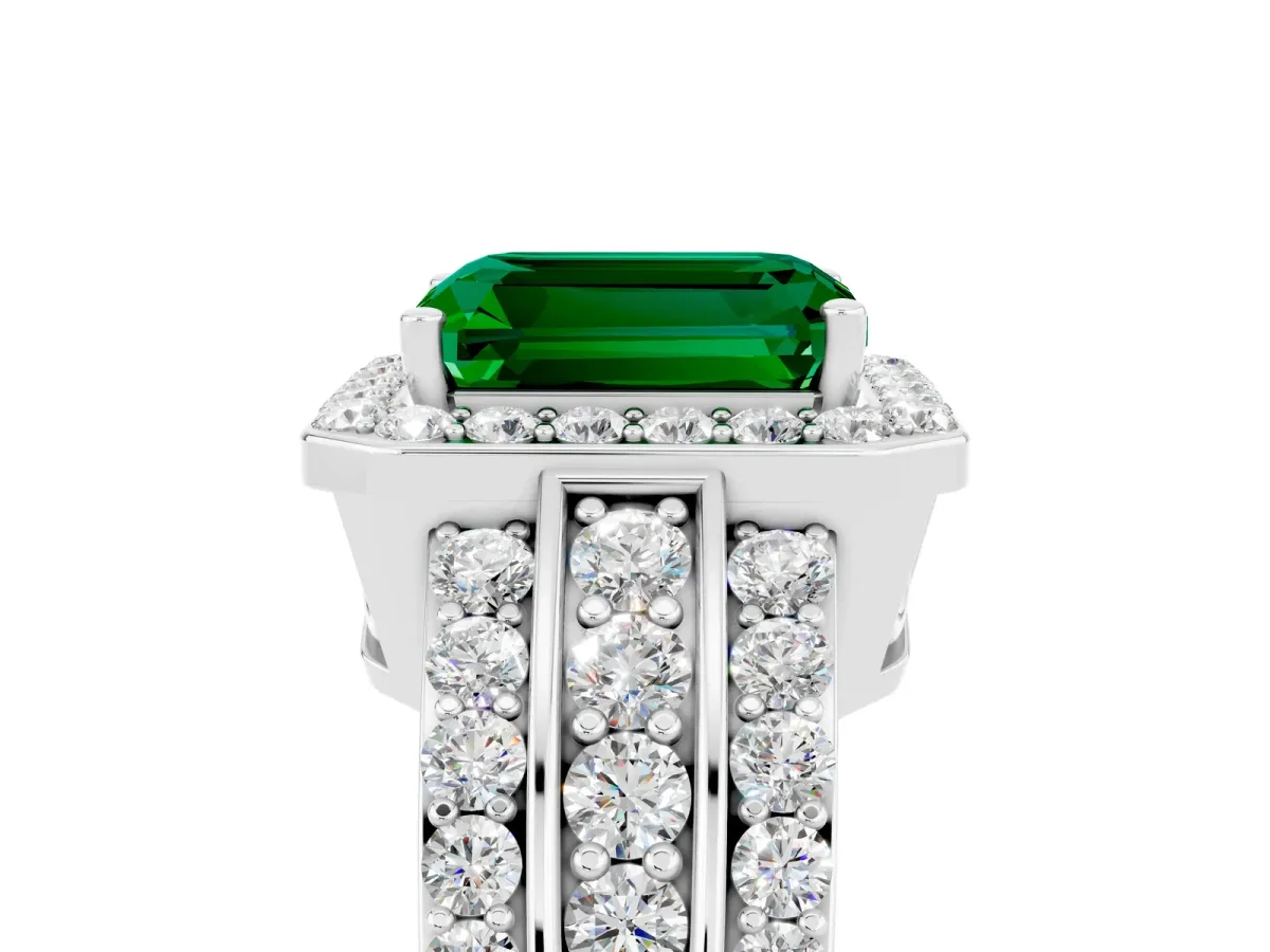 Emerald Cut Halo Emerald Ring with Round Split Shank and Prong Setting White gold