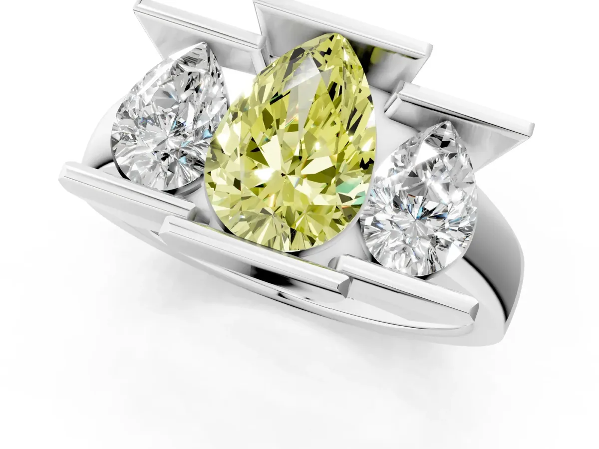 Fancy Yellow Three Stone Pear Cut Cut Channel Set Diamond Ring Silver
