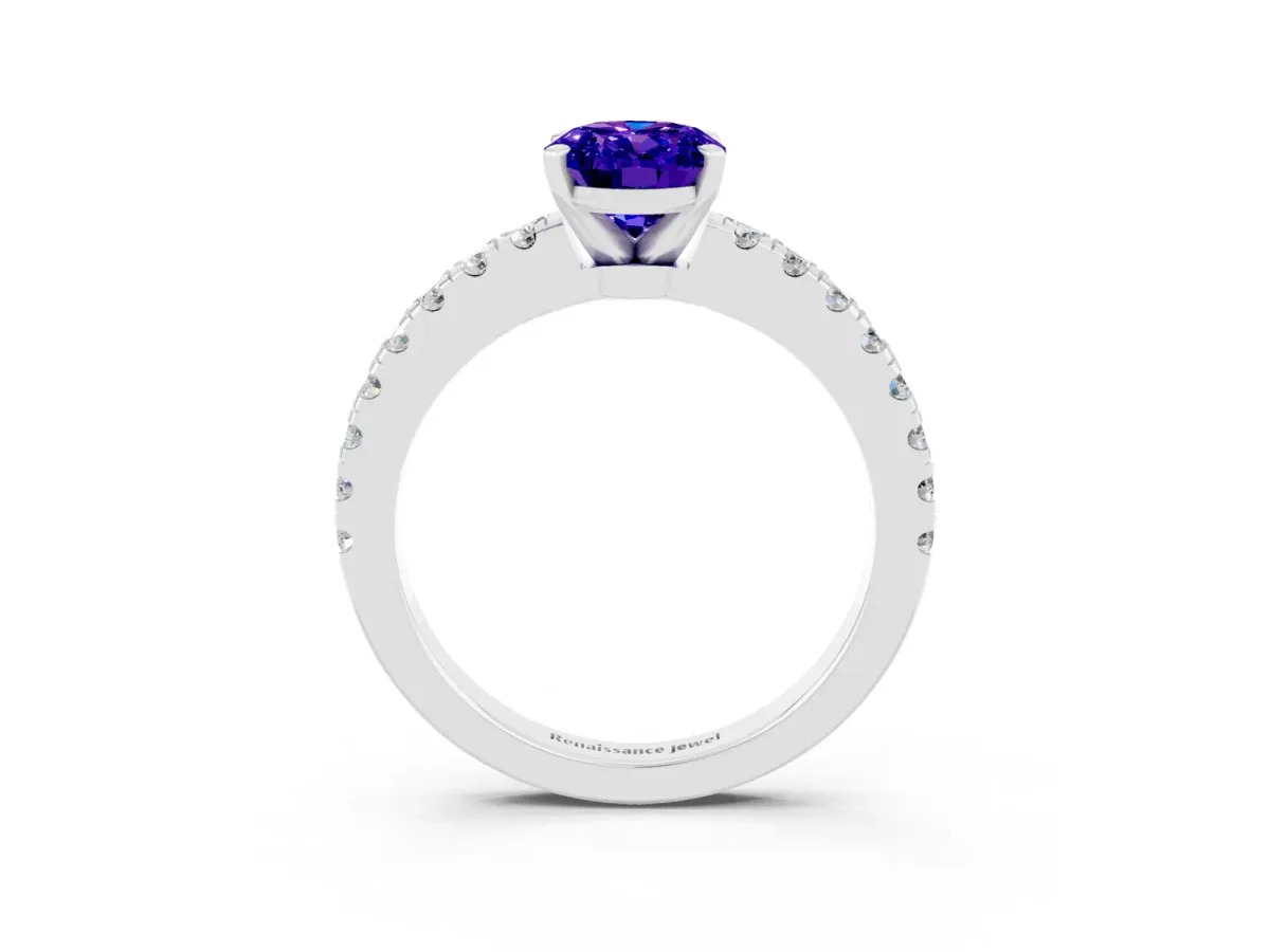 Oval Cut Solitaire Tanzanite with Pavé Band and Four-Prong Setting Silver