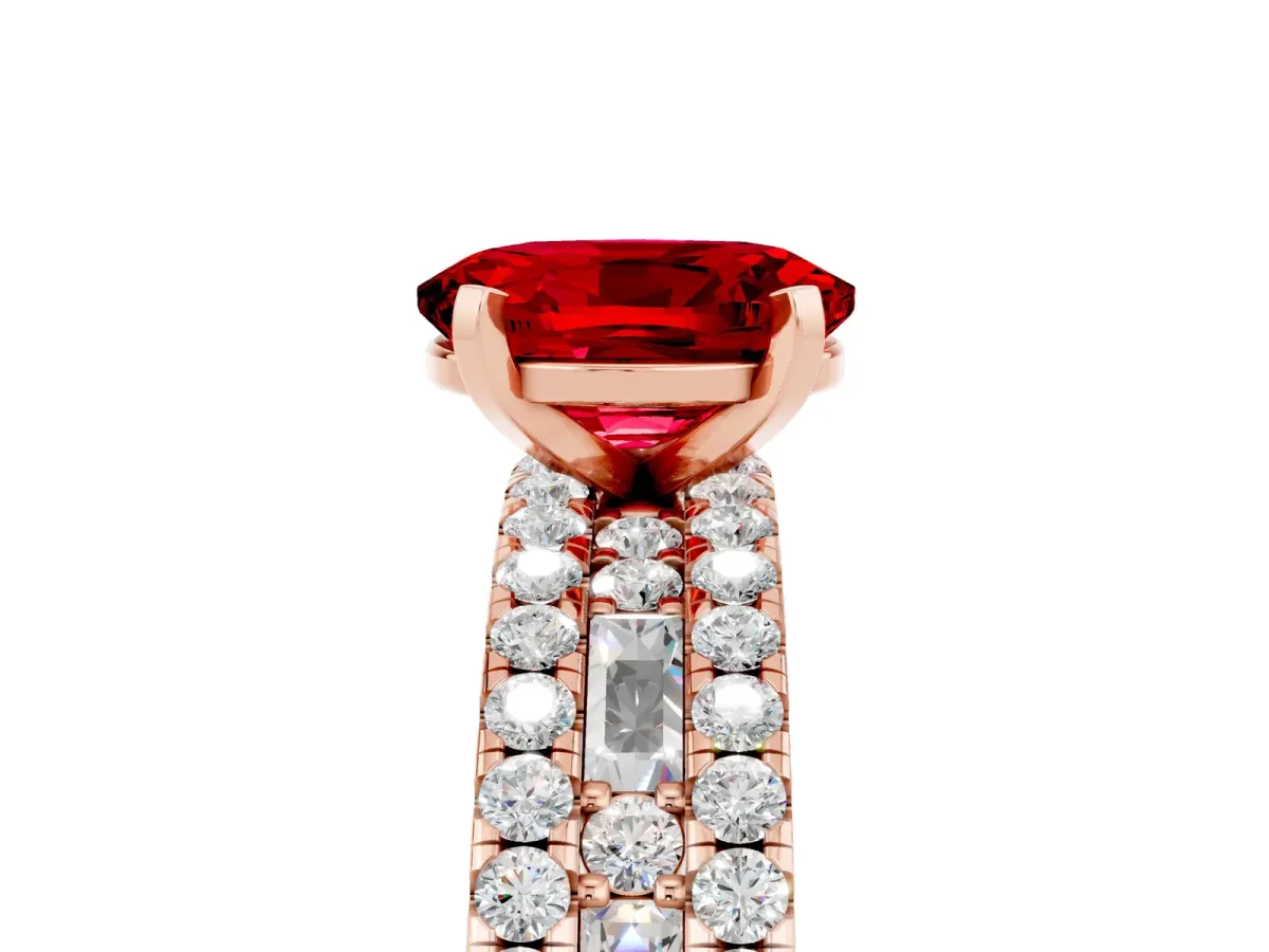 Oval Cut Ruby Solitaire Ring with Pavé and Channel Set Band Rose gold