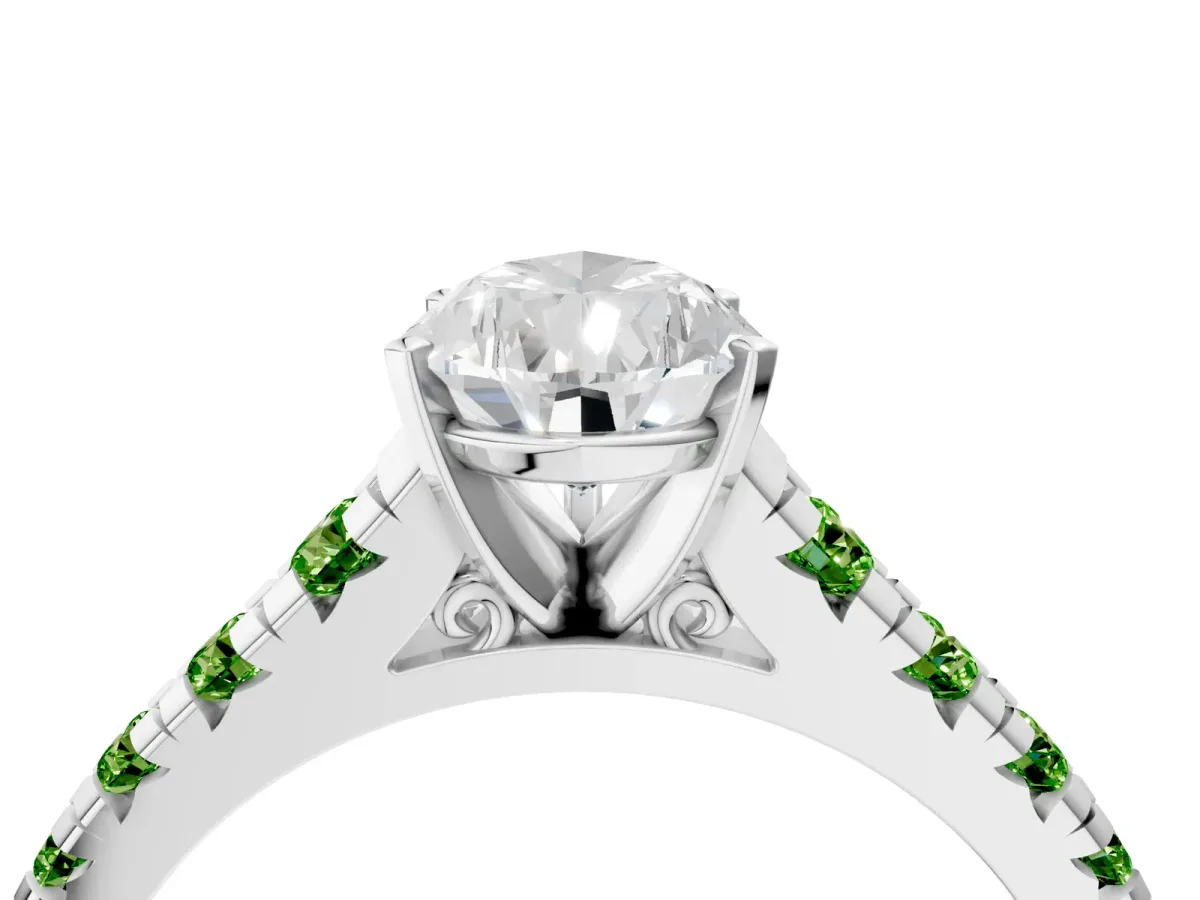 Pear Cut Diamond Cathedral Solitaire Ring with Round Peridot Pavé Band Platinum