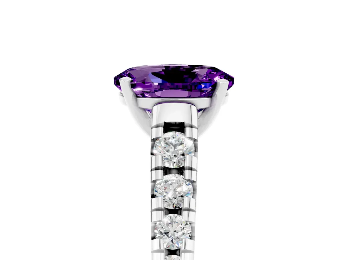 Oval Cut Amethyst Cathedral Solitaire Ring with Round Pavé Band Silver