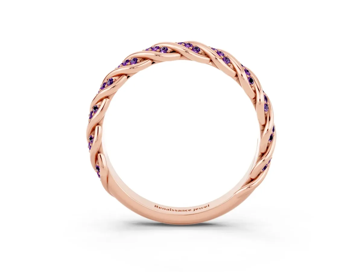 Twisted Pavé Round Amethyst Eternity Band with Shared Prong Setting Rose gold