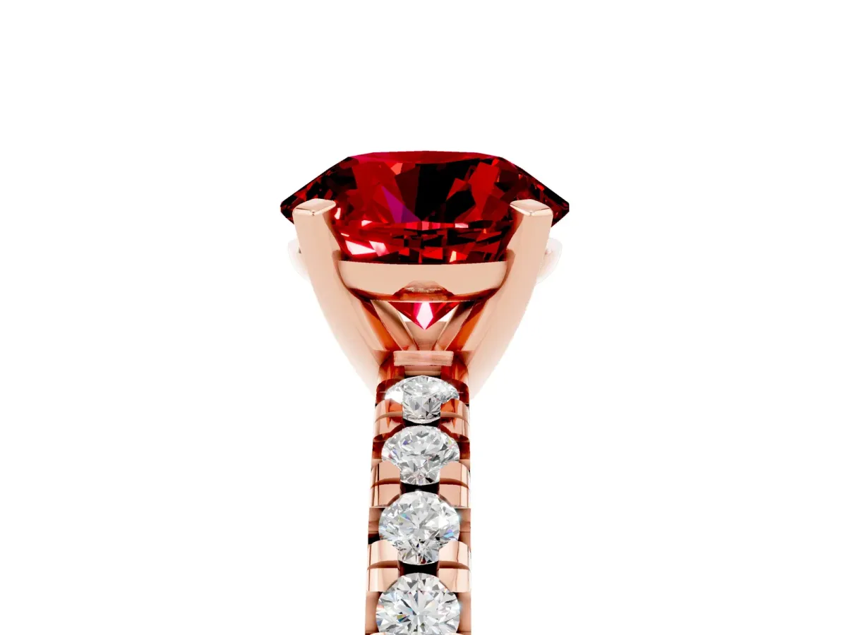 Round Cut Ruby Solitaire Pavé Engagement Ring with Round Band and Prong Setting Rose gold