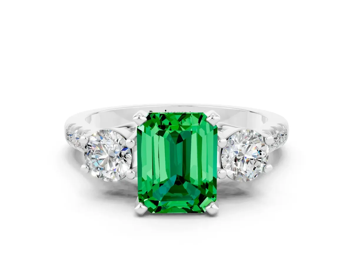 Three-Stone Emerald Cut Emerald Pavé Band with Four-Prong Setting Silver