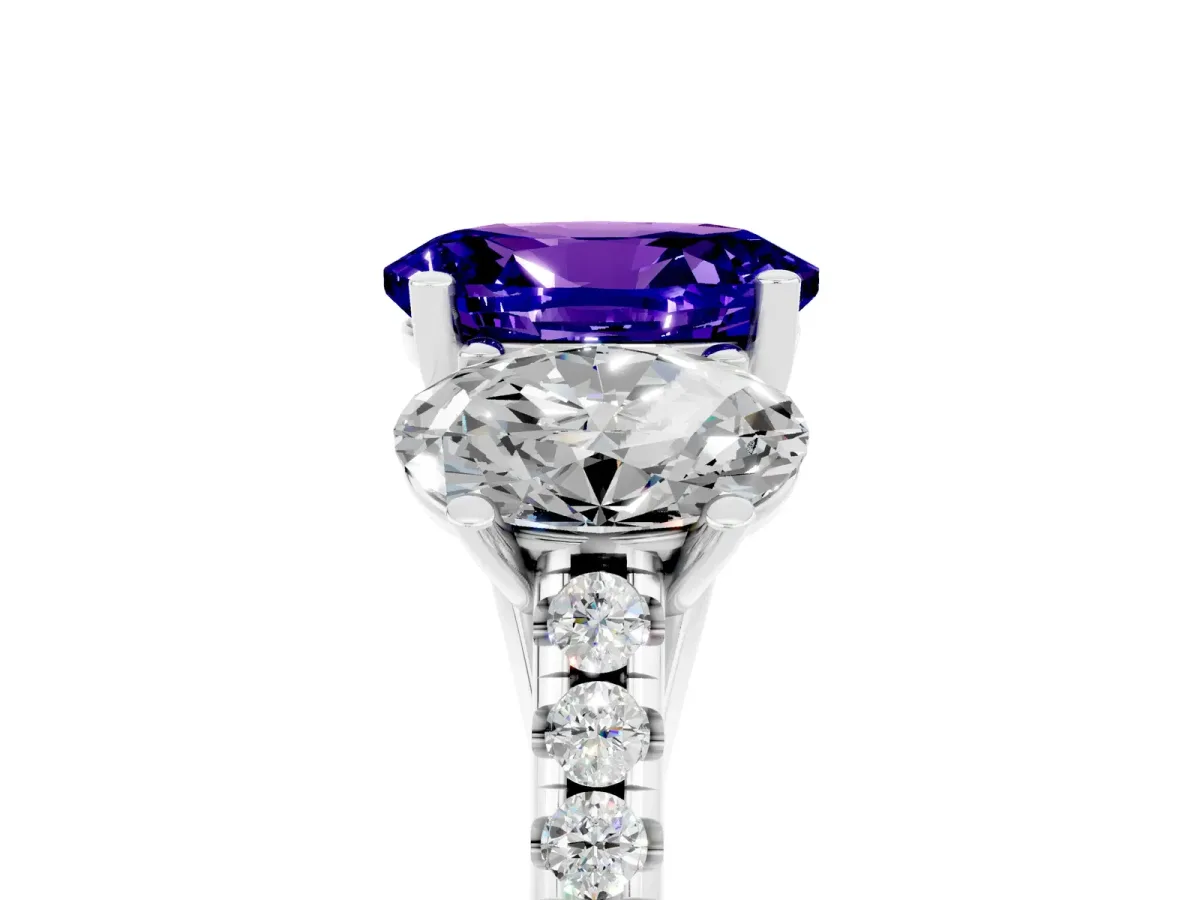 Three-Stone Oval Cut Tanzanite Ring with Round Pavé Band and Prong Setting Platinum