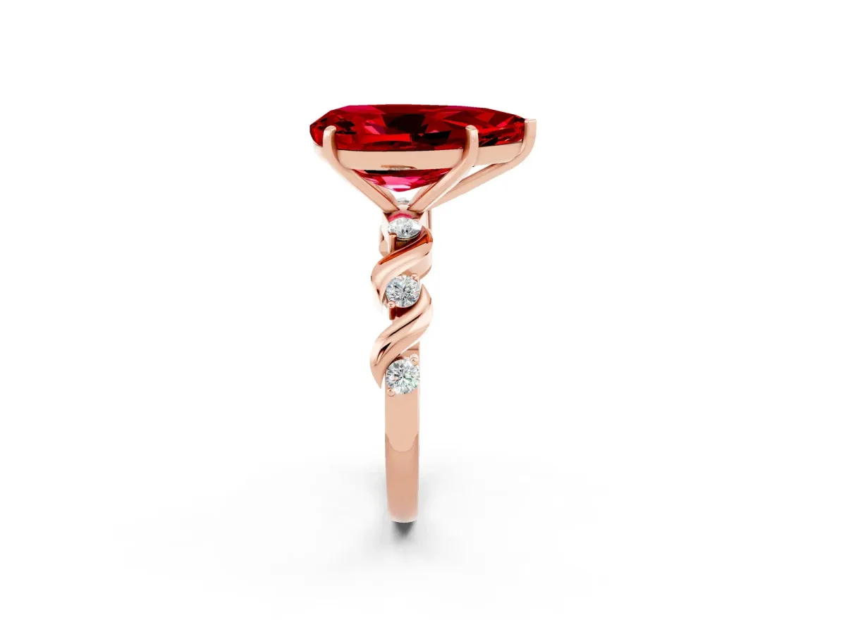 Pear Cut Ruby Solitaire Twisted Band with Round Accents and Prong Setting Rose gold