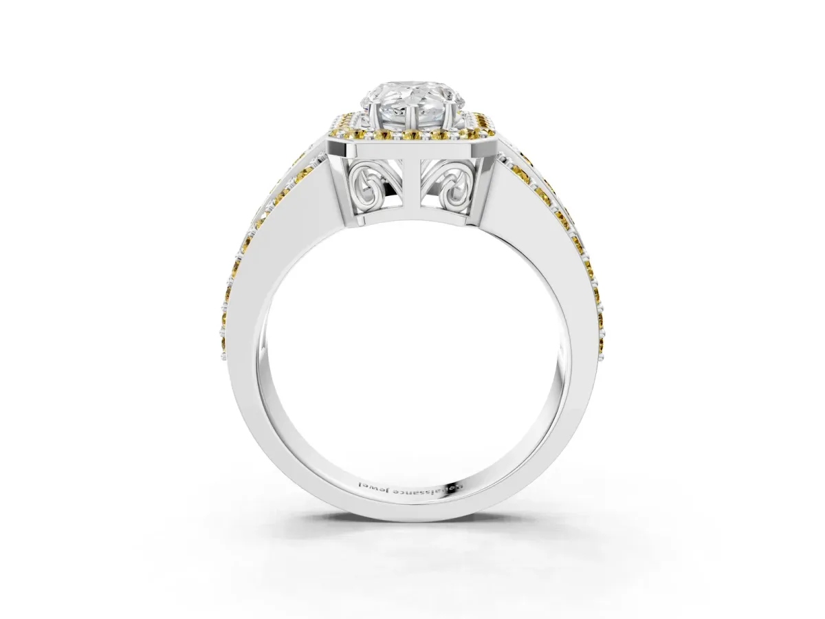 Pear Cut Halo Diamond Ring with Round Yellow Sapphire Split Shank and Prong Setting Silver