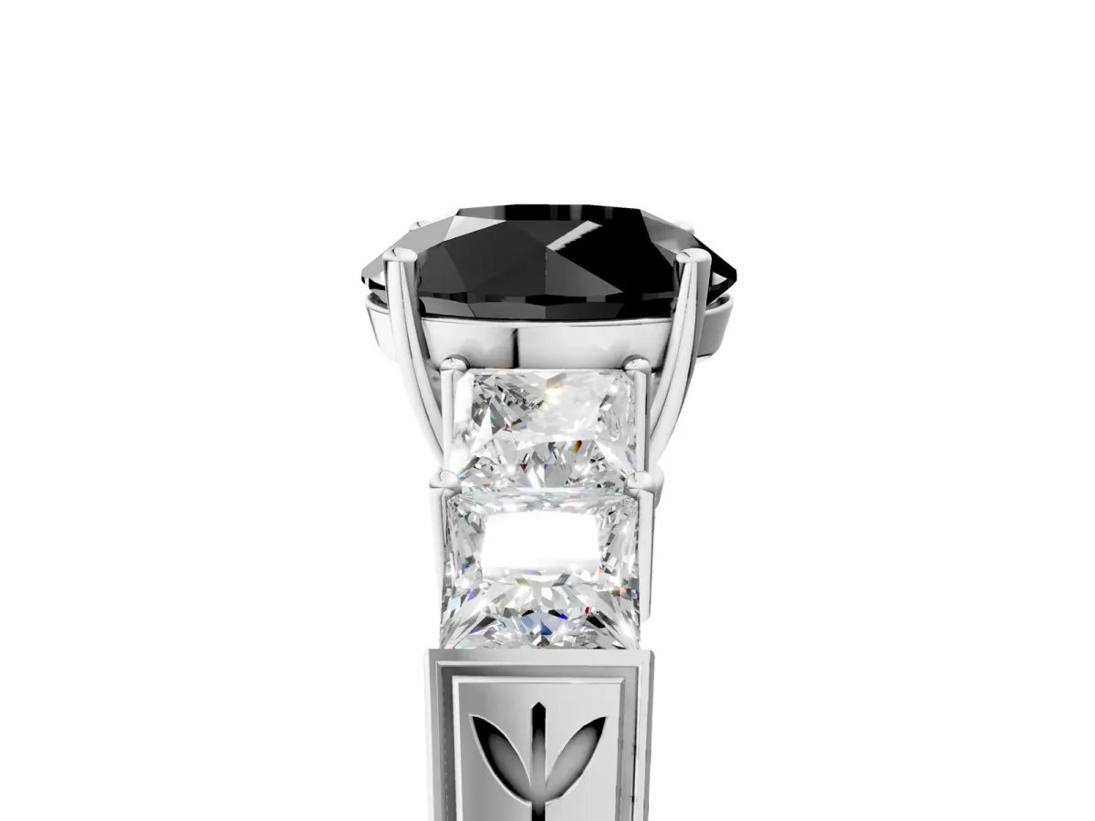 Fancy Black Round Cut Solitaire Princess Side Stone Engraved Band Prong Setting Ring Silver