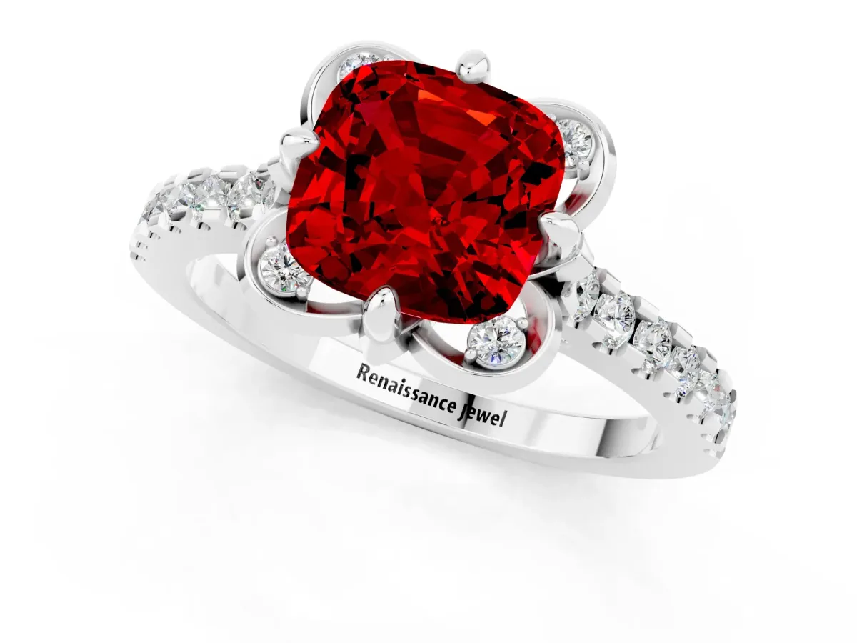 Cushion Cut Ruby Ring with Pavé Band and Floral Prong Setting White gold