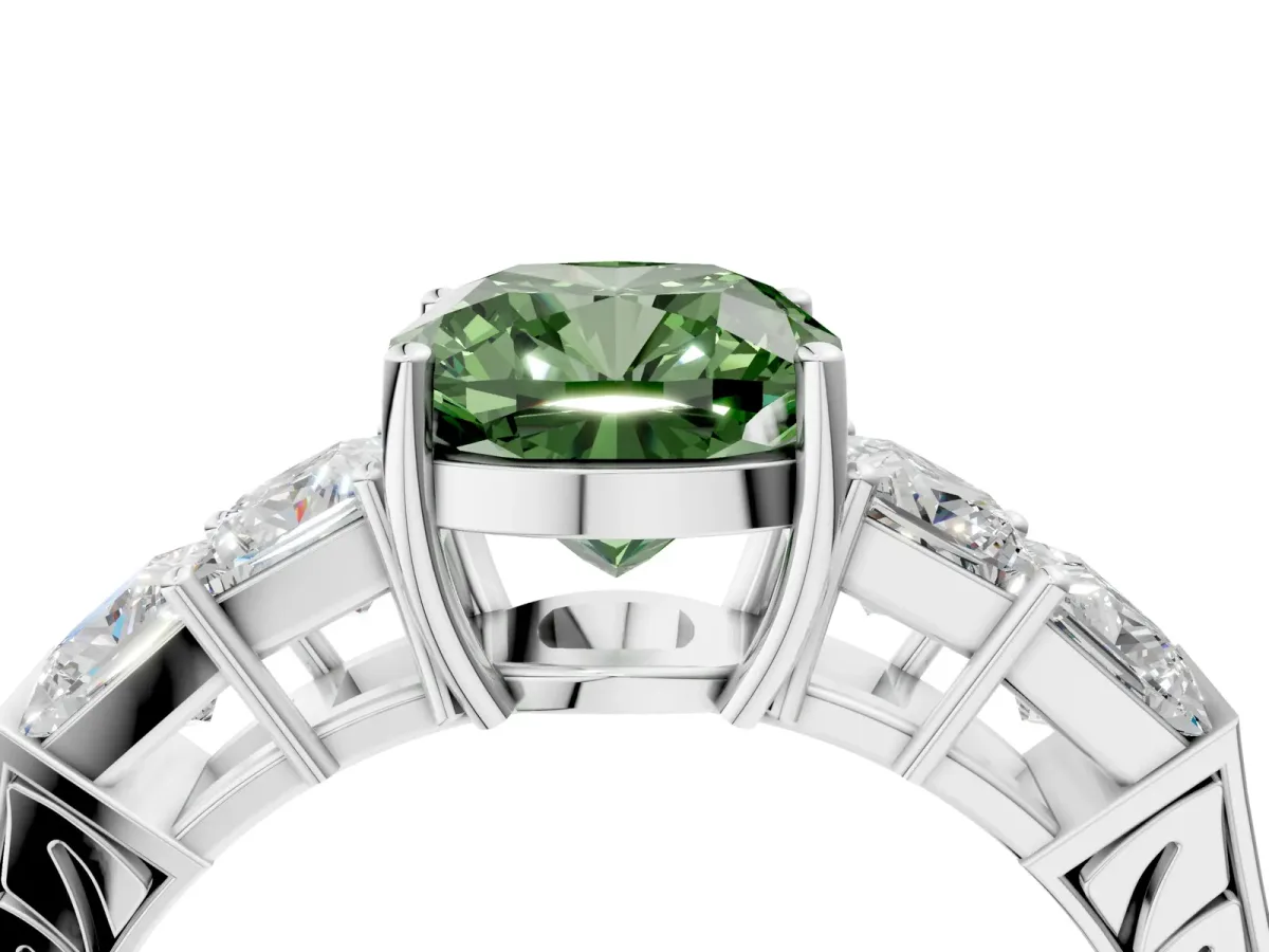 Fancy Green Cushion Cut Solitaire Princess Side Stone Engraved Band Prong Setting Ring Platinum