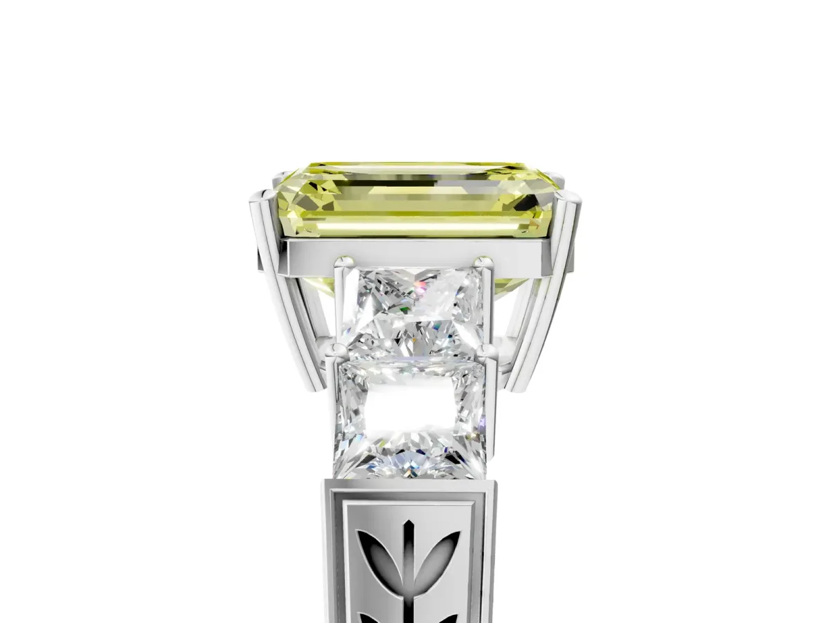 Fancy Yellow Emerald Cut Solitaire Princess Side Stone Engraved Band Prong Setting Ring Silver