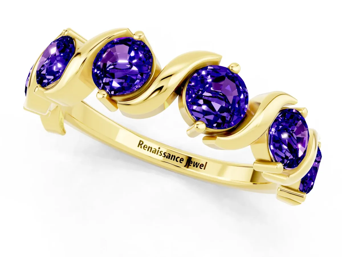 Six-Stone Round Tanzanite Wave Band with Shared Prong Setting Yellow gold
