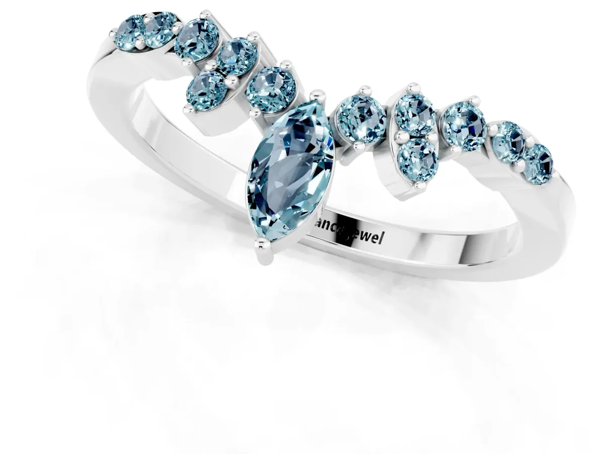 Marquise and Round Aquamarine Chevron Band with Prong Setting Silver