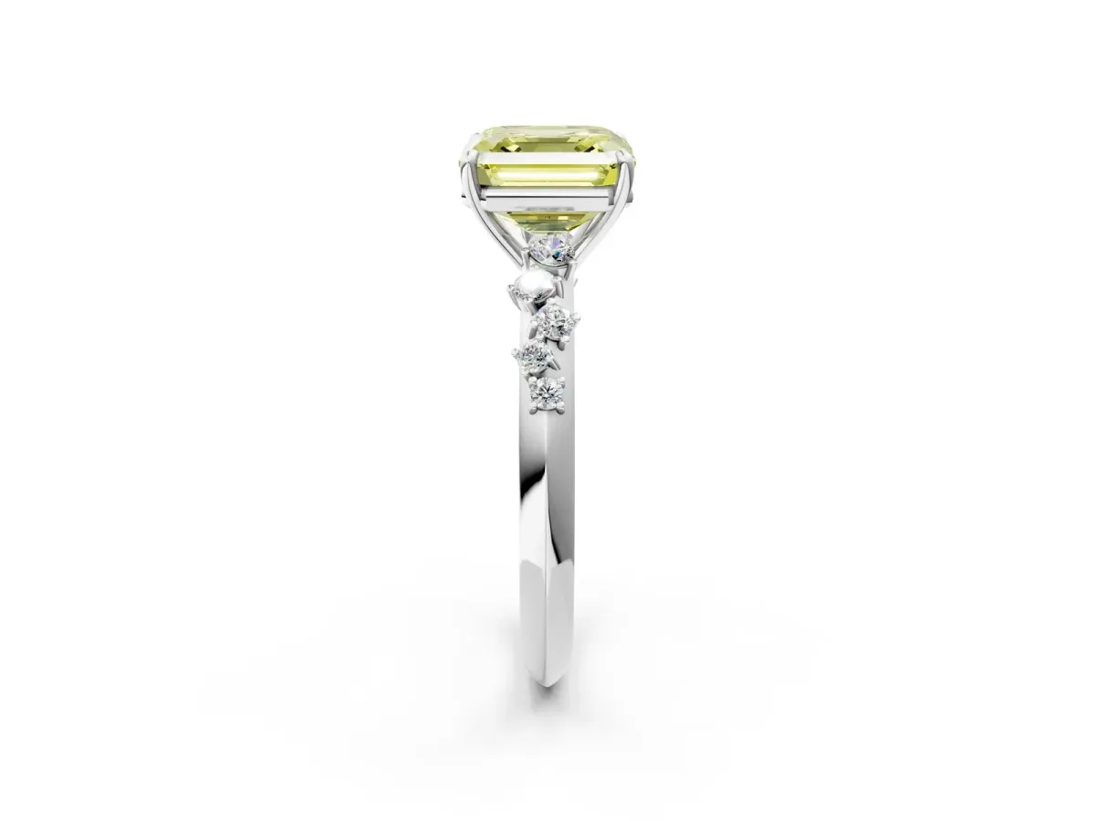 Fancy Yellow Asscher Cut Diamond Cluster Side Stone Solitaire Ring with Prong Setting Platinum