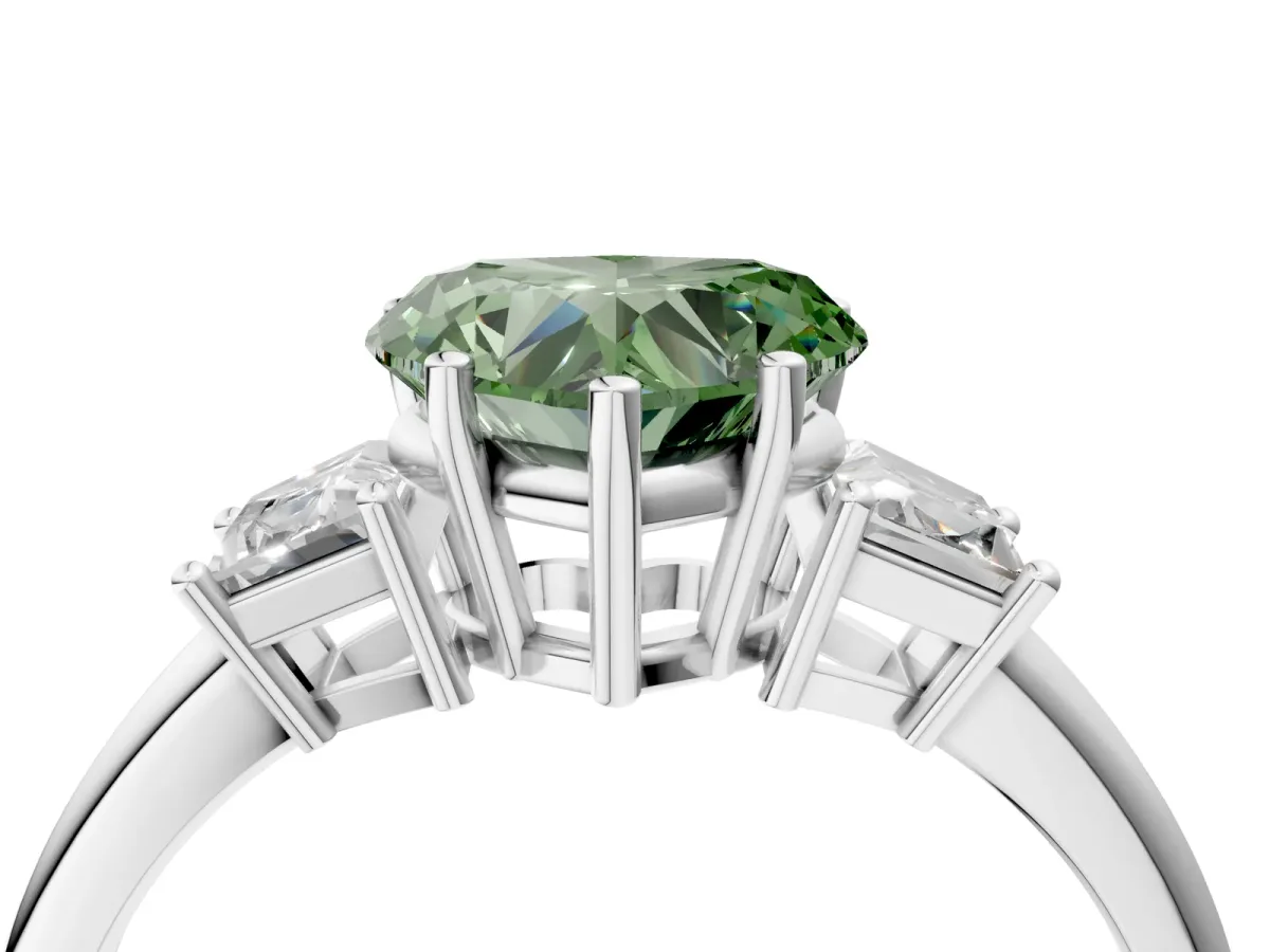 Fancy Green Heart Cut Diamond Three-Stone Ring with Trapezoid Side Stones and Prong Setting Silver