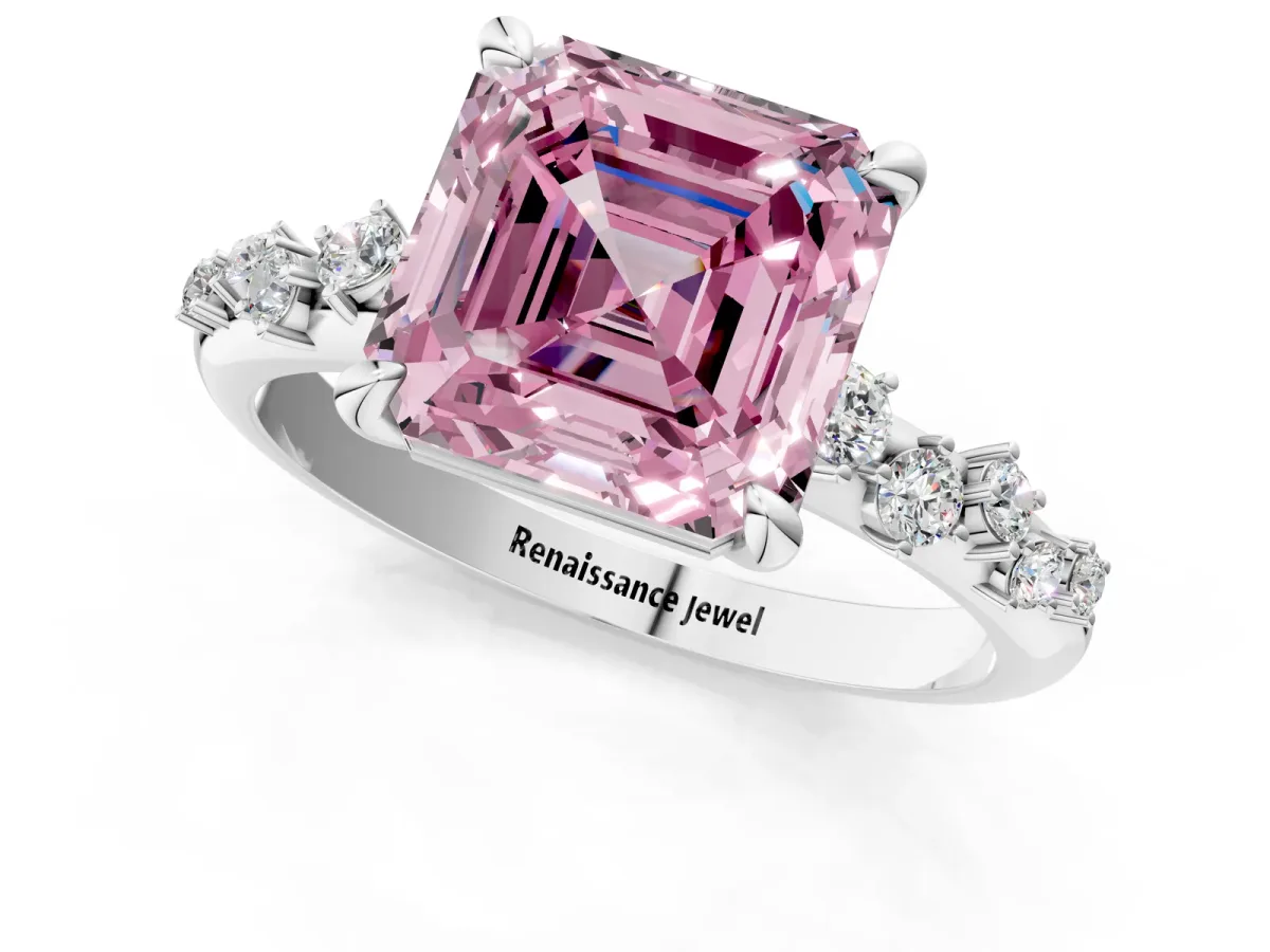 Fancy Pink Asscher Cut Cut Diamond Vine Band with Four-Prong Setting Platinum