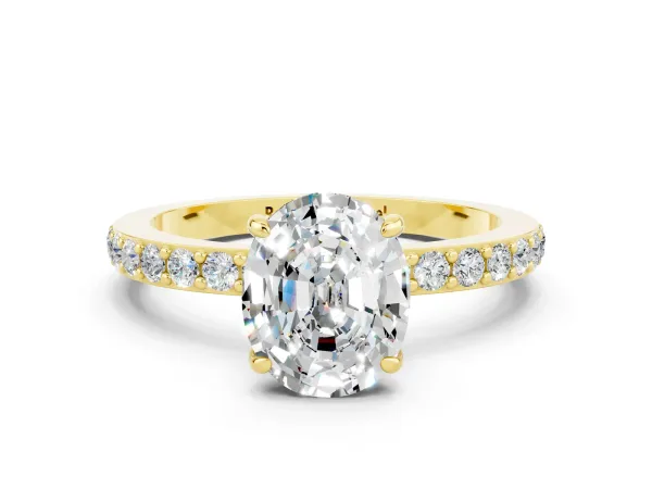 Oval Cut Moissanite Solitaire Engagement Ring with Pavé Band and Four-Prong Setting Yellow gold