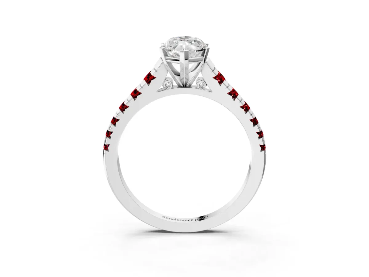 Marquise Cut Diamond Cathedral Solitaire Ring with Round Ruby Pavé Band Platinum