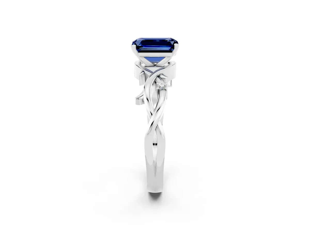 Emerald Cut Blue Sapphire Solitaire Ring with Twisted Band and Prong Setting Silver