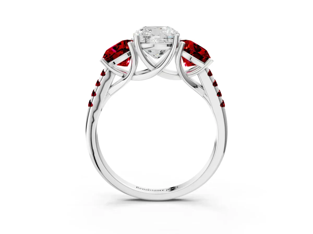 Three-Stone Cushion Cut Diamond Ring with Round Ruby Pavé Band and Prong Setting White gold